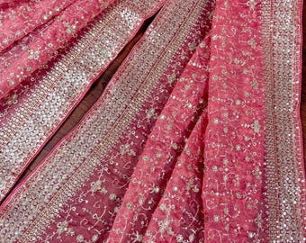 Dupatta de seda de organza en color rosa llamativo con zari dorado apagado, bordado y lentejuelas / Dupatta de boda / Dupatta para lehangas