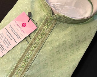 Size 40 | Green Color Raw Silk Men Kurta Pajama Set with embroidery neckline | Men Ethnic Wear | Wedding Kurtas | Gift For Him | Kurta Store
