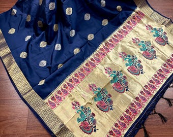 Navy Blue Paithani Soft Silk Saree with Muted Gold Zari | Paithani Sarees