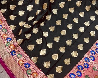 Banarasi Silk Handloom Saree | Black & Hot Pink Floral Saree with Paithani Border