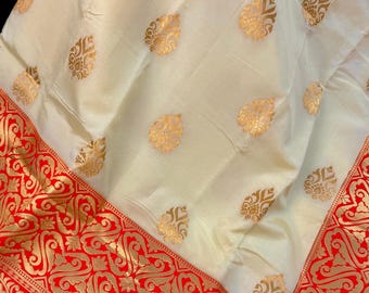 Cream Red Art Silk Saree Wide Border, Unstitched Blouse Piece