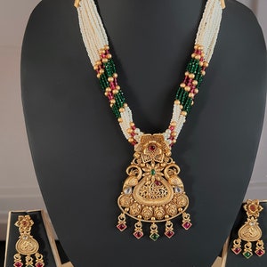 Handmade Antique Gold Finish Long Necklace and Earrings Set with Pearls, Onyx Beads and Kamp Stones | Indian Jewelry | Handmade Jewelry