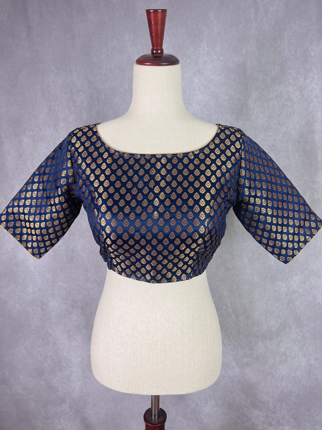 Boat Neck Midnight Blue Color Readymade Blouse With Gold Buttis in Pure Banarasi Silk ...