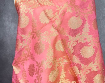 Dupatta de seda semielegante Benarasi de color rosa con tejido de zari dorado apagado / Dupatta / Estola / Bufanda / Dupattas para boda