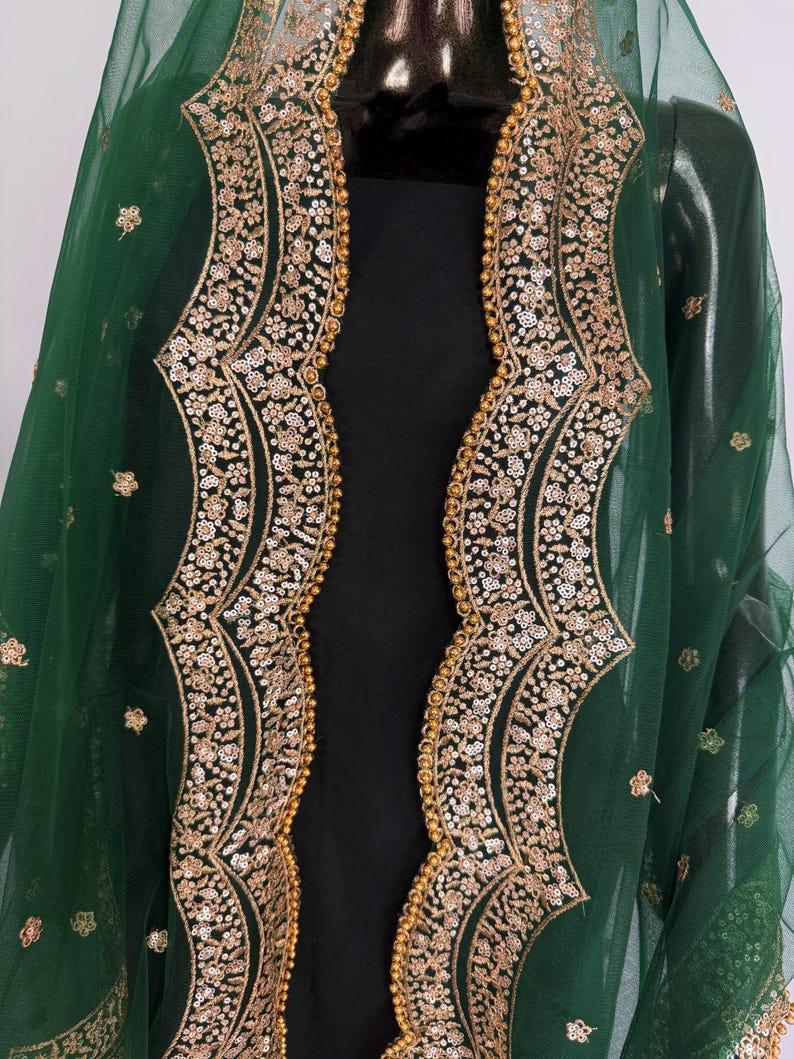 Peut inclure: Un v&ecirc;tement noir avec un voile vert &eacute;meraude. Le voile est orn&eacute; de broderies dor&eacute;es et argent&eacute;es complexes sur les bords. La broderie pr&eacute;sente des motifs floraux et g&eacute;om&eacute;triques. Le v&ecirc;tement est probablement une tenue de soir&eacute;e.