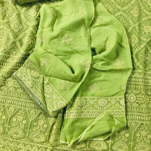 Parrot Green Pure Georgette Saree With Chikankari and Sequin Work| Parrot Green Color Saree ...