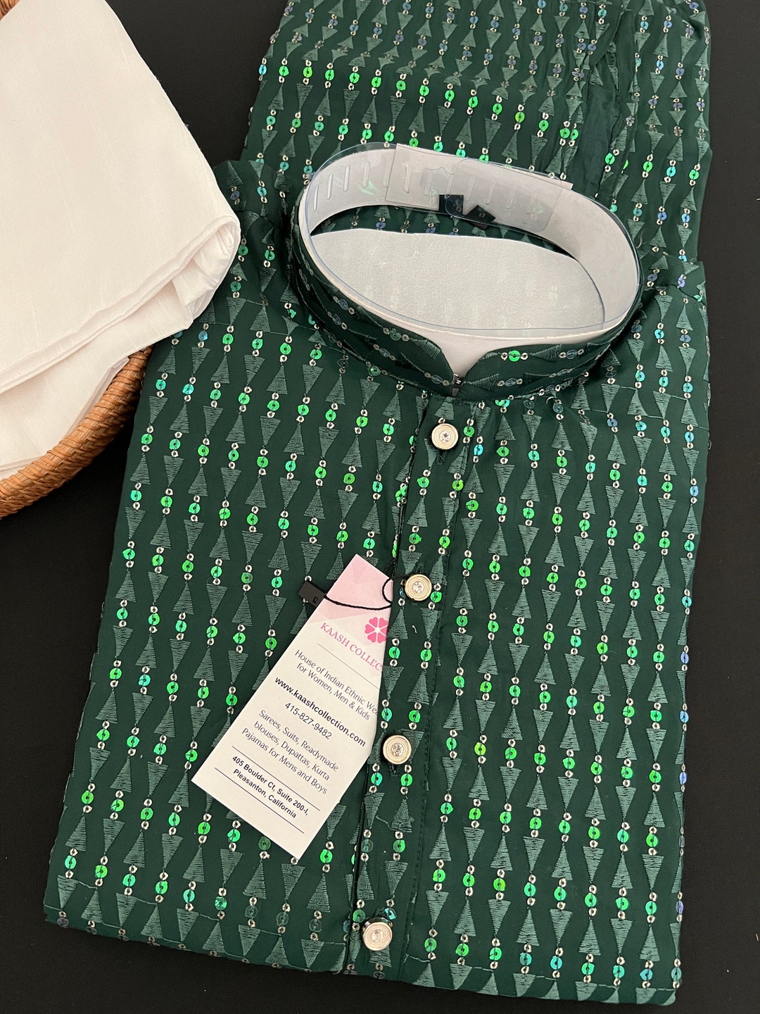 Bottle Green Diamond Shirt Collar Kurta
