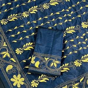Midnight Blue Color Bangalori Silk Saree with Hand Kantha Stitch | Handwoven Kantha Stitch Sarees | Kantha Saress | Silk Sarees