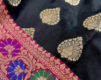 Banarasi Silk Saree | Black & Hot Pink Floral Meenakari, Paithani Border