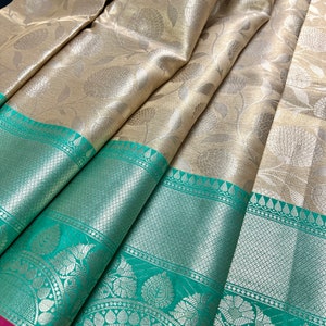 Handmade Light Gold Banarasi Tissue Silk Saree With Green and - Etsy