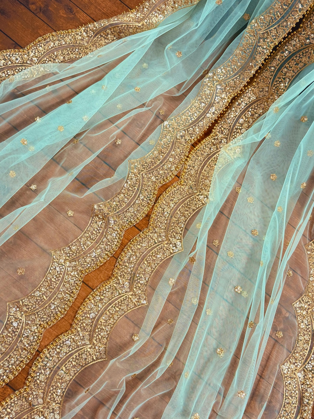 Pastel Sea Blue Color Net Dupatta With Gold Zari, Sequin and Beads ...