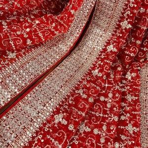Statement Red Color Organza Silk Dupatta with Muted Gold Zari, Embroidery and Sequin | Wedding Dupatta | Dupatta for Lehangas