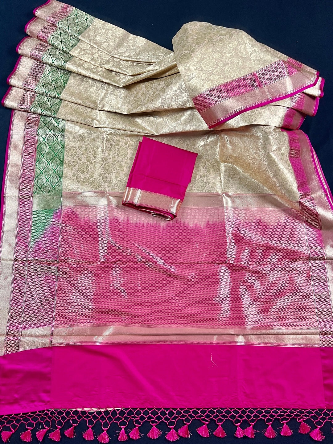 Soft Banarasi Tissue Silk Saree with Sequin Pallu, Gold Border and Running Blouse