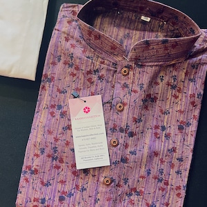 Size 34 | Purple Color Floral Design Mens Cotton Kurta Pajama Set Mens Ethnic Wear |  Indian Pakistani Kurta Pajama Set | Kaash Collection