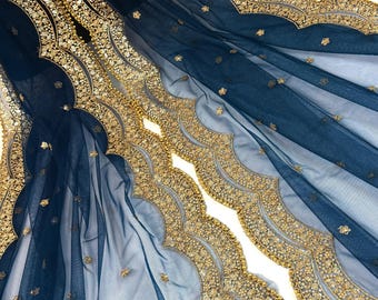 Teal Blue Color Net Dupatta with Gold Zari, Sequin and Bead  | Sequin Dupatta | Indian Dupatta for Lehanga | Weddding, Party Wear Dupatta