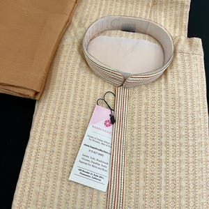 Beige Gold Men Kurta Pajama with intricate Self Embroidery |  Butter Soft Silk | Handwork on neckline | Kurta for every occasion