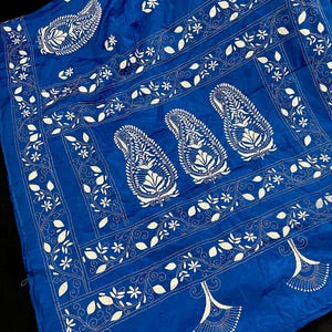 Royal Blue Color Bangalori Silk Saree with Hand Kantha Stitch | Handwoven Kantha Stitch Sarees | Kantha Saress | Silk Sarees