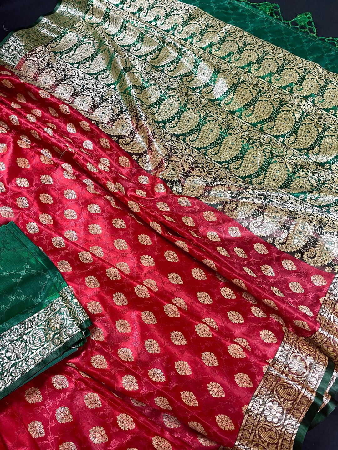 dark green and red combination saree
