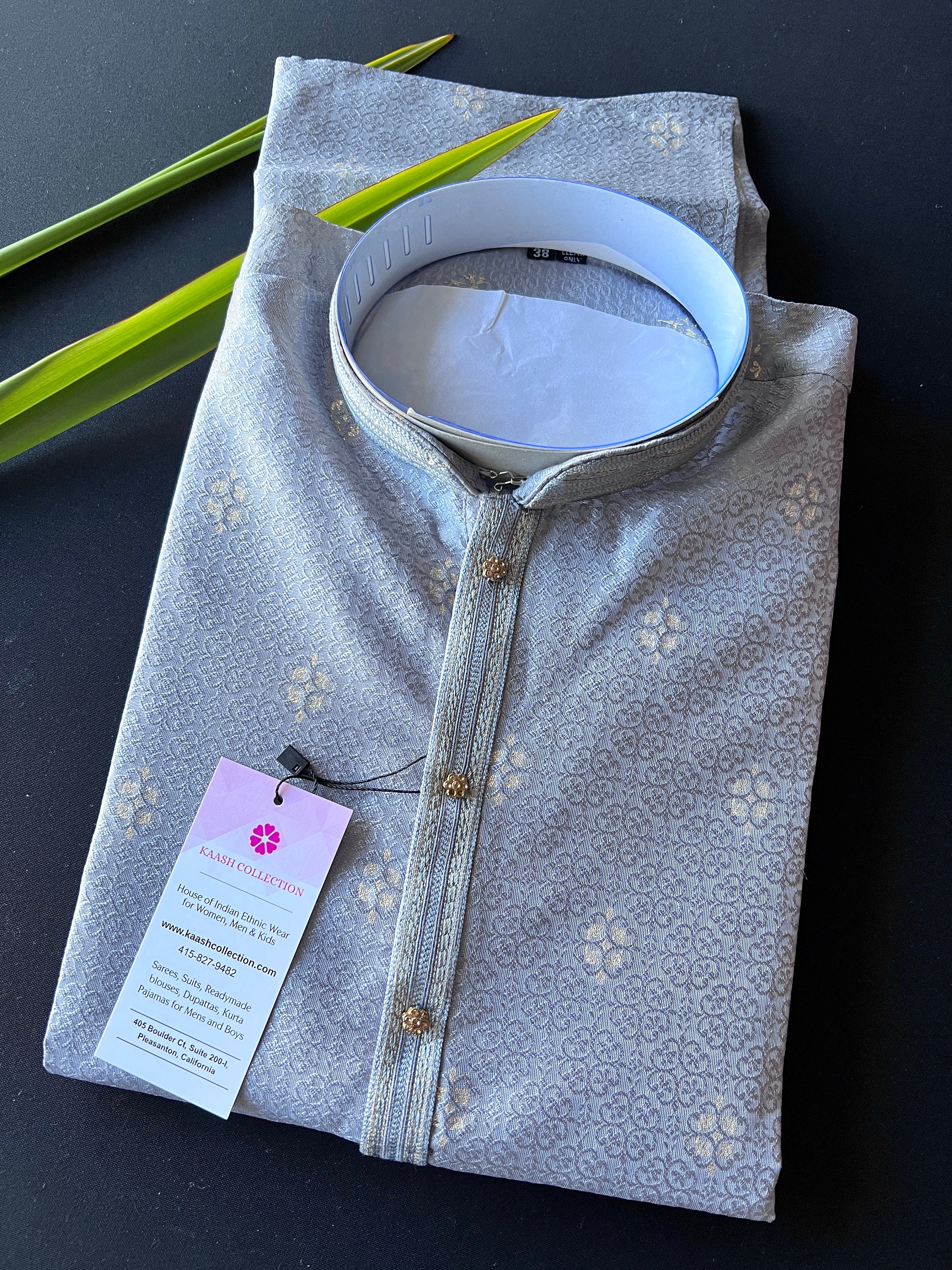 Sliver Grey Kurta in Soft Silk Self Design Material and Small Zari