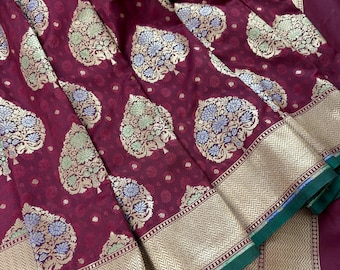 Wine Color Traditional Banarasi Tanchoi Handloom Silk Saree | Tree Pattern Buttas with small zari buttis and Tanchoi Weave |  Banarasi Saree