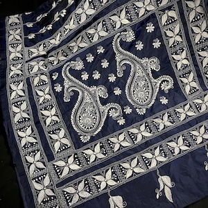 Navy Blue Color Bangalori Silk Saree with Hand Kantha Stitch | Handwoven Kantha Stitch Sarees | Kantha Saress | Bengal Sarees