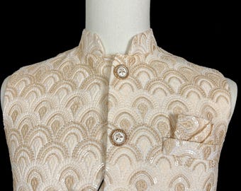 Pastel Gold Jacket for Men with Embroidery, thread and Sequin Work | Jacket for Kurta | Mens Wedding Wear Outfit | Men Waistcoat