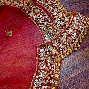 Dupatta de red de color rojo con zari dorado, lentejuelas y cuentas / Dupatta de color rojo / Dupatta roja con lentejuelas / Dupatta india para lehangas imagen 4