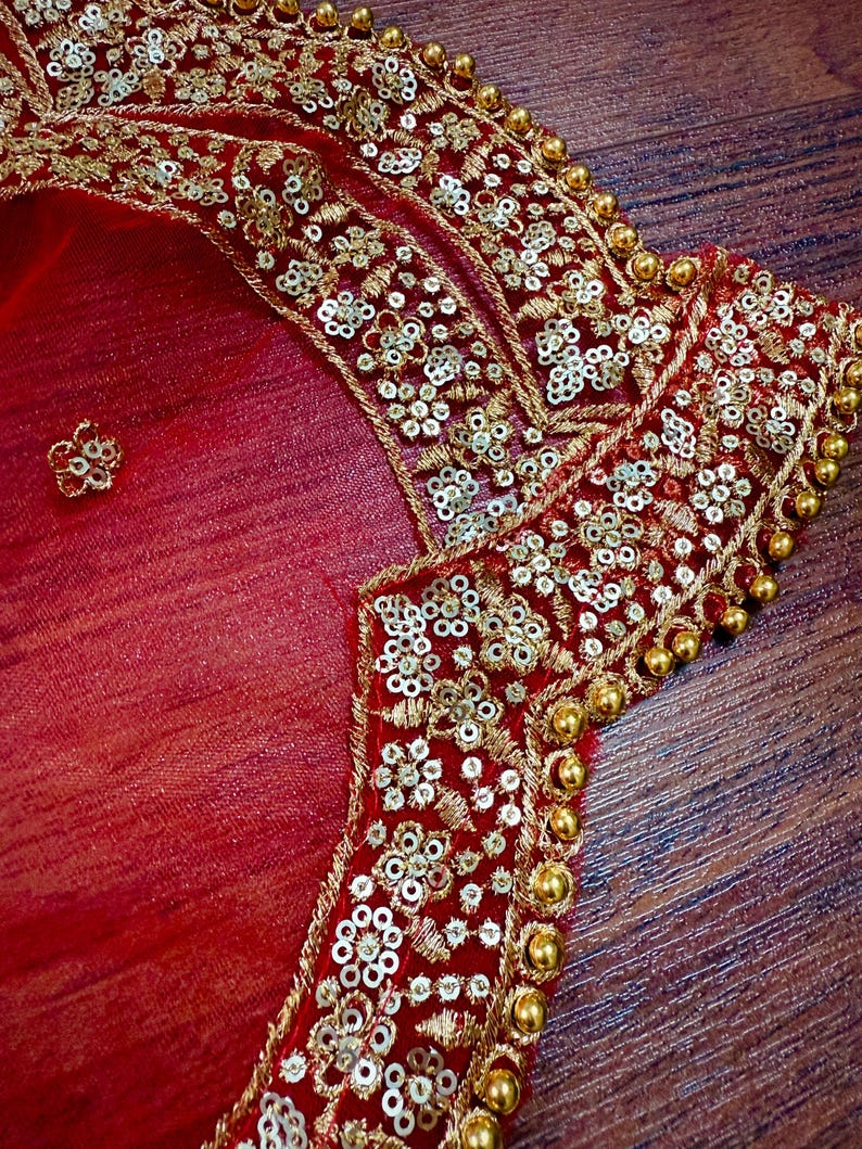 Dupatta de red de color rojo con zari dorado, lentejuelas y cuentas / Dupatta de color rojo / Dupatta roja con lentejuelas / Dupatta india para lehangas imagen 4