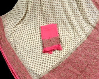 Pure Khaddi Georgette Banarasi Silk Creamy White with Strawberry Pink borders and Pallu with Antique Zari | SILK MARK CERTIFIED