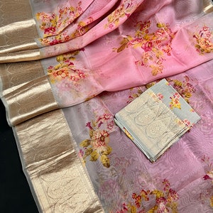 Moss Green with Pink Pure Banarasi Organza Silk Saree with Digital Floral and Antiques Zari | SILK MARK CERTIFIED | Saree Store California