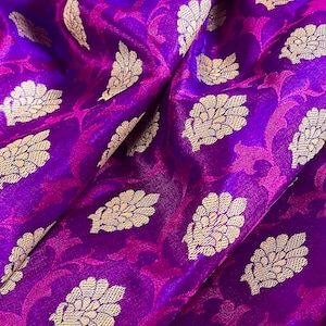 Purple with Red borders Banarasi Tanchoi Silk Handloom Saree | Zari Weaving with Motifs | Half and Half Saree | Kaash Collection