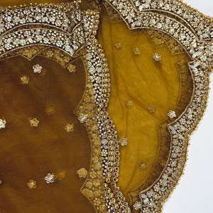 May include: Close-up of a mustard-colored sheer fabric with intricate gold embellishments. The edges are adorned with sequins and small, decorative floral patterns. The fabric has a delicate, flowing appearance.
