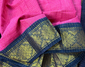 Deep Pink Blue Madurai Sungudi Cotton Saree | Zari Checks Handmade Traditional Wear | No Blouse