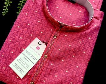 Strawberry Pink Color Soft Raw Silk Men Kurta Pajama Self Design and tiny Zari Weave | Party Wear Men Ethnic Wear | Wedding Wear Kurta
