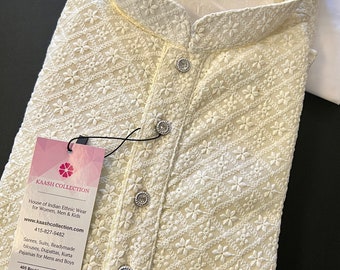 Light Cream Chikankari Kurta Pajama Set | Lucknowi Mens Ethnic Wear