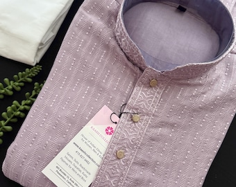 Size 46 Pastel Lavender Embroidered Kurta Pajama Set | Men's Cotton