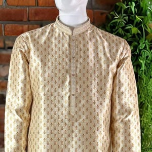 Gold Color Brocade Banarasi Silk Men Kurta with Weave Work | Mens Ethnic Wear | Indian Men Clothing USA | Wedding Wear Kurtas | Kurta Pajama