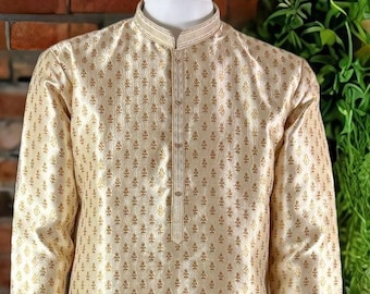 Gold Color Brocade Banarasi Silk Men Kurta with Weave Work | Mens Ethnic Wear | Indian Men Clothing USA | Wedding Wear Kurtas | Kurta Pajama