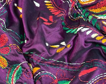 Burgundy Color Kantha Stitch Saree | Bangalori Silk Saree | Handwoven Kantha Stitch Saree | Multi Color Kantha Stitch Silk Saree