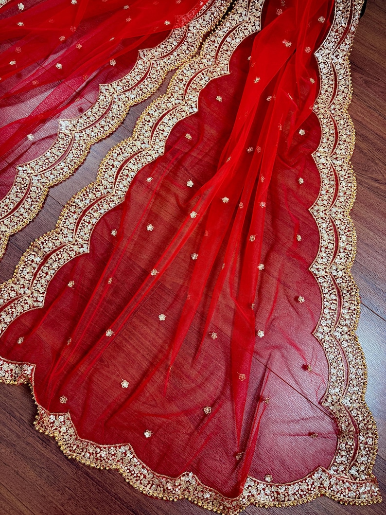 Dupatta de red de color rojo con zari dorado, lentejuelas y cuentas / Dupatta de color rojo / Dupatta roja con lentejuelas / Dupatta india para lehangas imagen 1