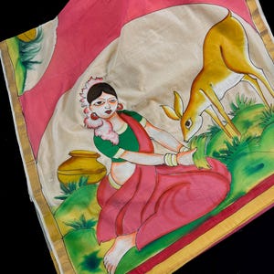 Multi Color Hand-painted Saree in Pure Cotton Saree with Copper Zari Border | Cotton Saree | Vintage Indian Saree for Gift