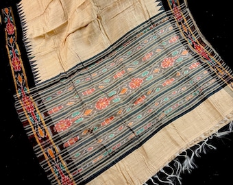 Organic Beige Pure Tussar Silk Saree with Black Ikkat Pattern, Silk Mark Certified