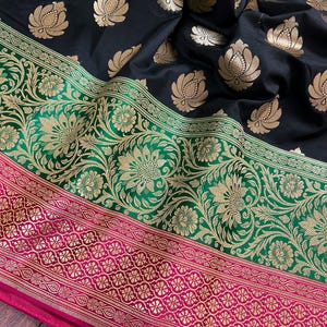 Black Color Traditional Banarasi Silk Handloom Saree with Wide Border | Meenakari and Satin Patta Border
