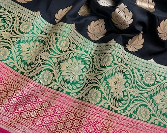 Black Color Traditional Banarasi Silk Handloom Saree with Wide Border | Meenakari and Satin Patta Border