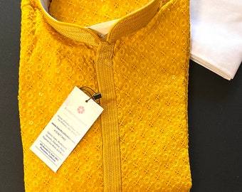 Set pigiama Chikhenkari Kurta giallo senape / Abbigliamento maschile da matrimonio indiano