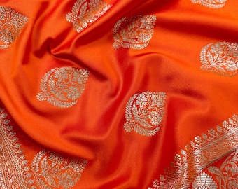 Marigold Color Banarasi Mashru Silk Saree, Muted Gold Zari Weave, Small Border