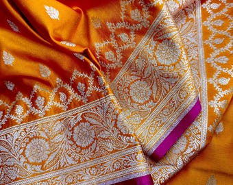 Semi Pure Mango Yellow Dual Tone Soft Banarasi Mashru Silk Handloom Saree