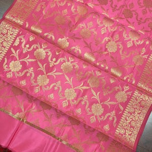 Pink Color Banarasi Floral Soft Silk dupatta with Muted Gold Zari Weaving | Light Weight Dupatta | Silk Dupatta | Stole | Gift For Her