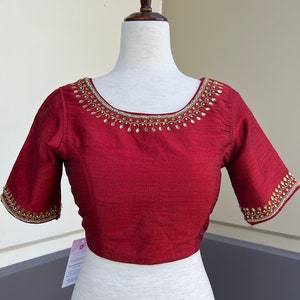 Boat Neck Maroon Color Raw Silk Ready to Wear Blouse  | Handwork Blouses | Readymade Blouses for Sarees | Maroon Color Saree Blouse