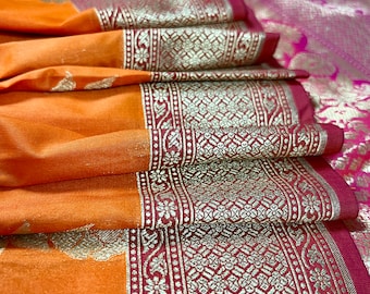 Orange Banarasi Silk Saree | Olive Green, Pink Floral Border, Handloom Traditional Weave